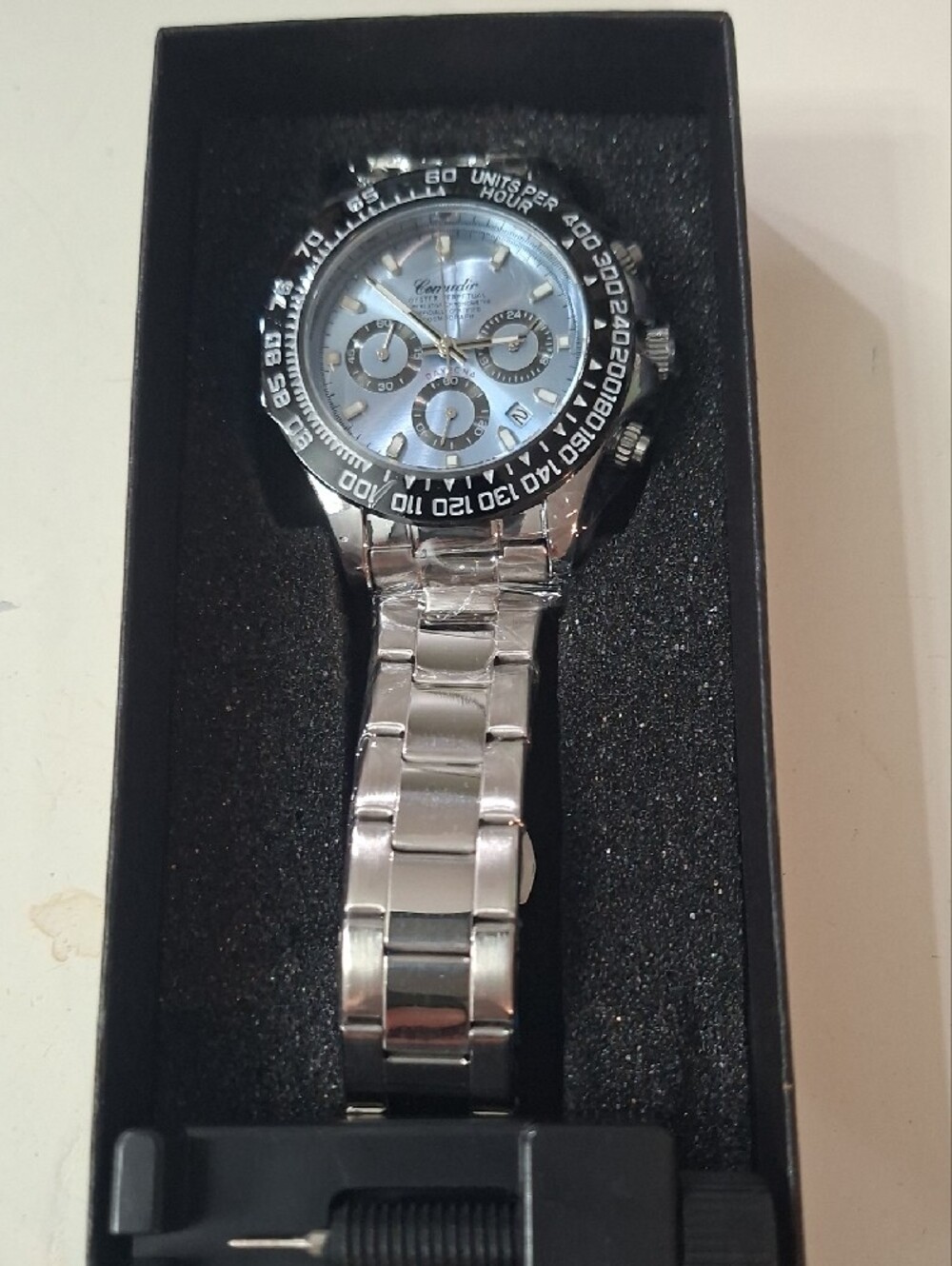 Men's Silver Stainless Steel Chronograph Watch — Polished Steel Bracelet
